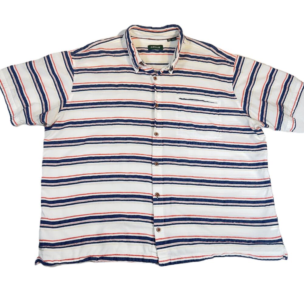 Orvis Button Shirt Men's XXL White Blue Orange Stripe Short Sleeve Linen Feel